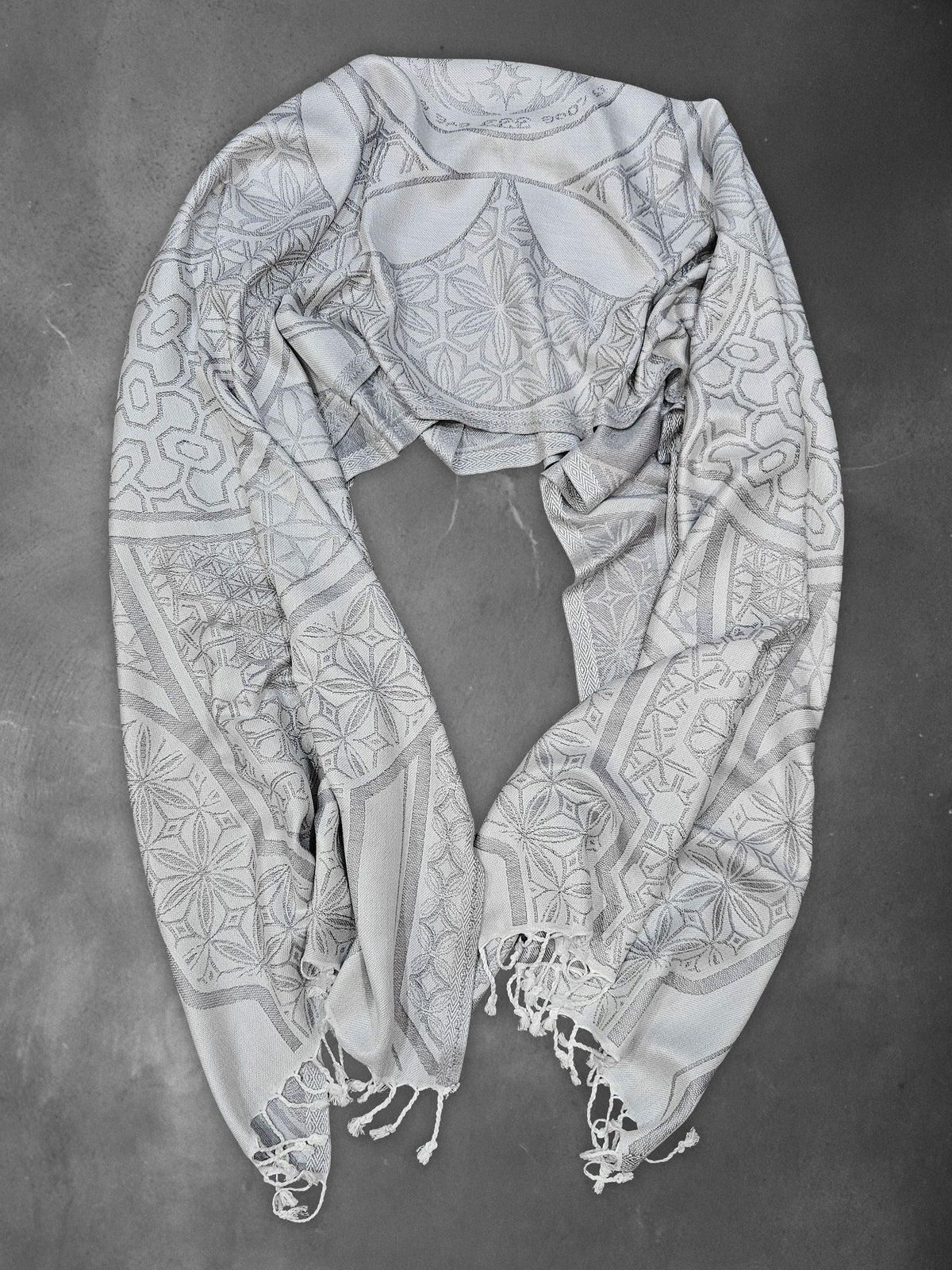 GEOMETRY OF BEING ✦ White Tassel w/ Silver Print ✦ Festival Shawl Shawls 