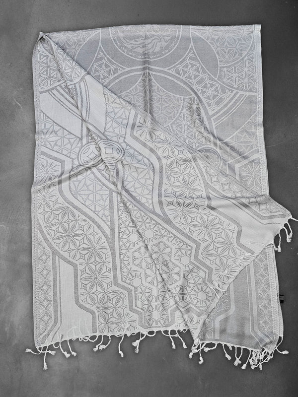 GEOMETRY OF BEING ✦ White Tassel w/ Silver Print ✦ Festival Shawl