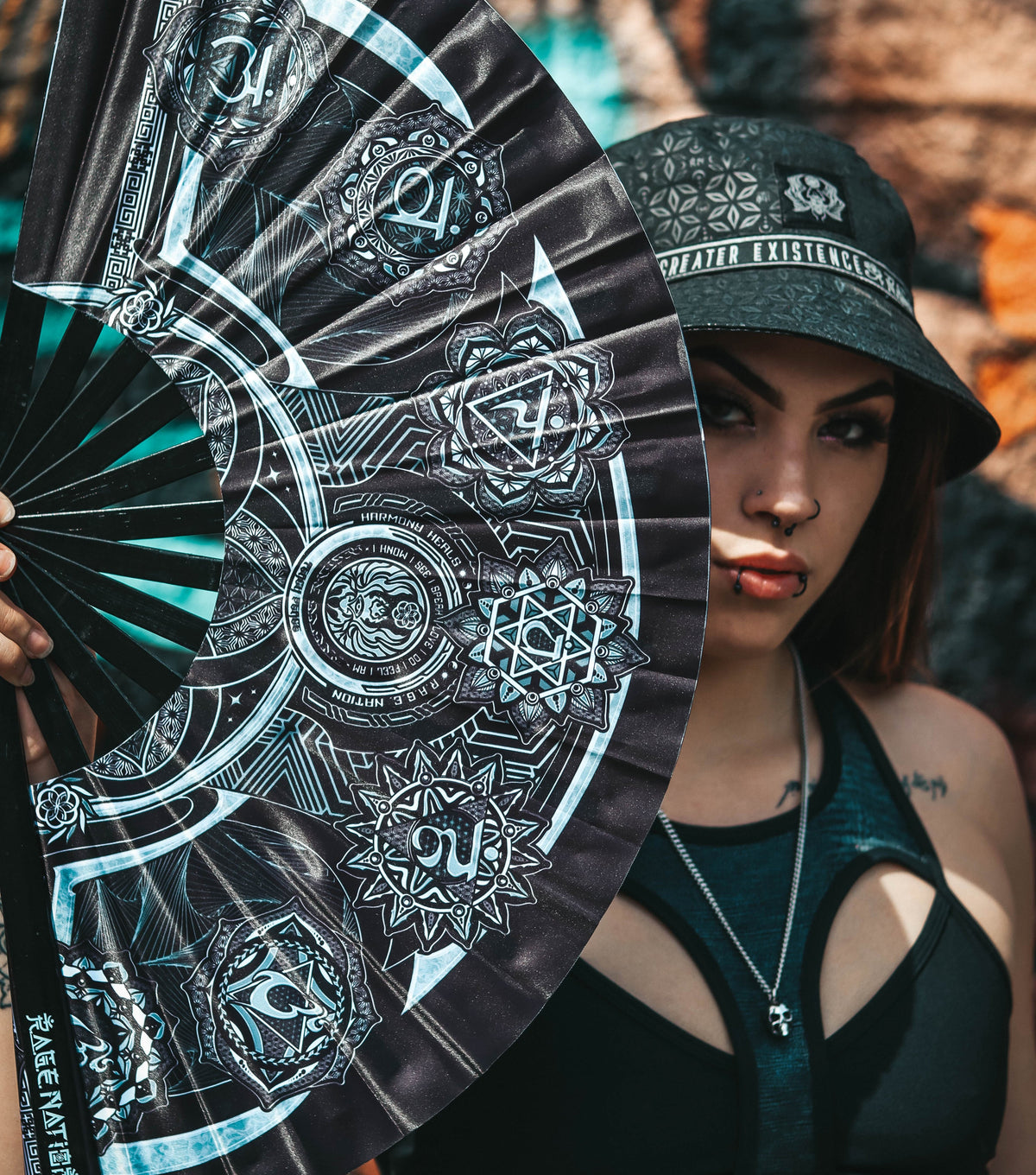 HARMONY HEALS • SILVER • Double-sided XL Bamboo Folding Fan w/ Carrier Bag Fan 