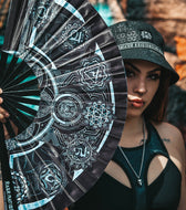HARMONY HEALS • SILVER • Double-sided XL Bamboo Folding Fan w/ Carrier Bag Fan 
