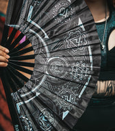 HARMONY HEALS • SILVER • Double-sided XL Bamboo Folding Fan w/ Carrier Bag Fan 
