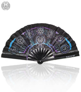 HARMONY HEALS • PURPLE/BLUE • Double-sided XL Bamboo Folding w/ Carrier Bag Fan Fan 